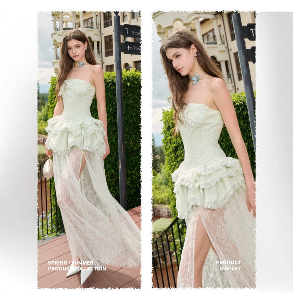 Damen Elegantes und luftiges Abendkleid mit Rüschendetails und transparentem Rock Drune