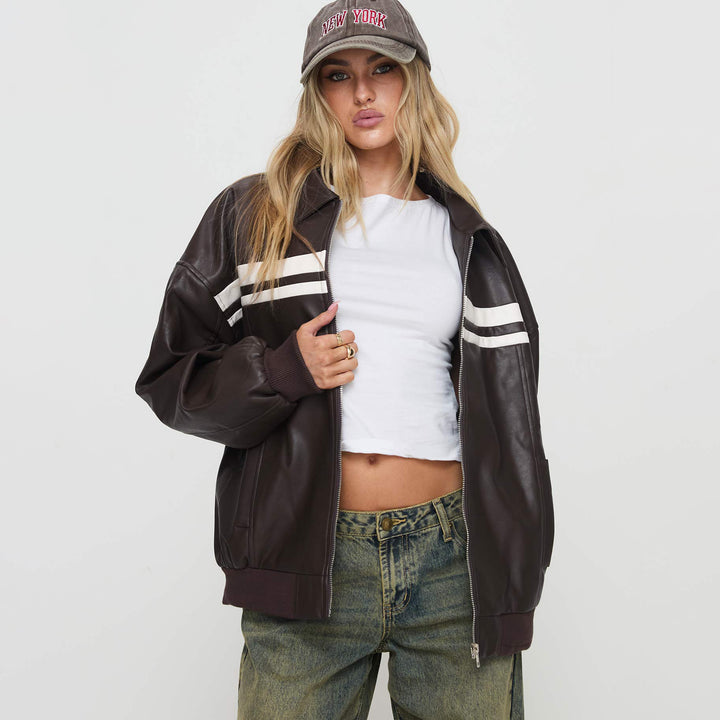 Damen modische Kunstlederjacke mit sportlichem Streifen-Design und lässigem Schnitt Drune