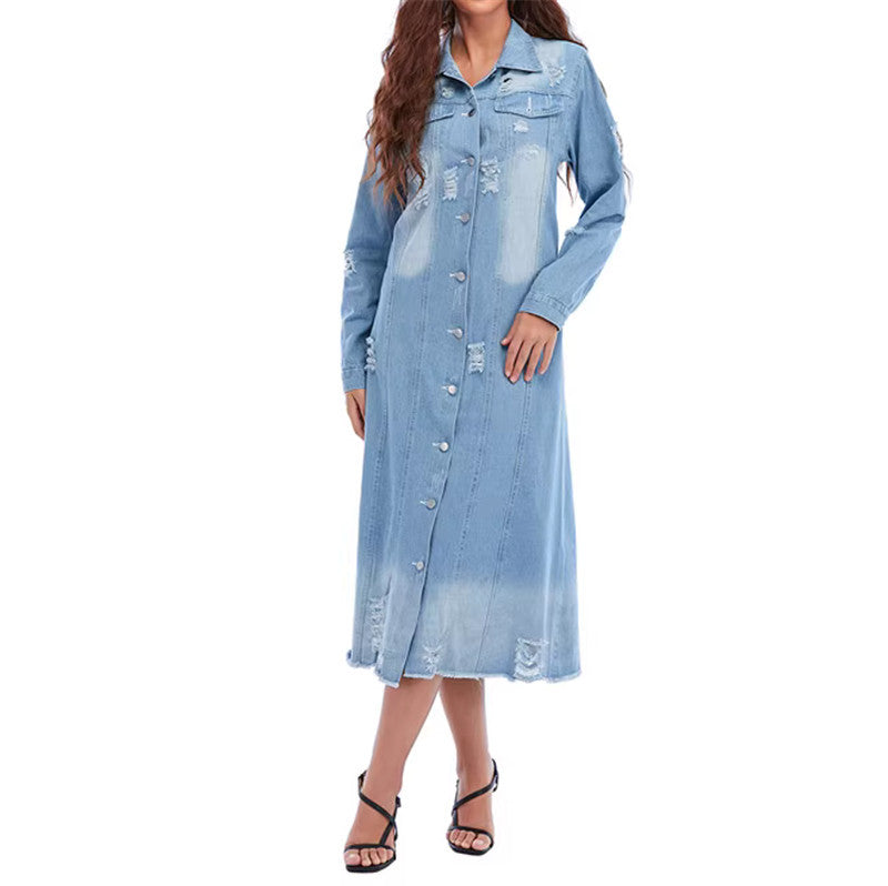 Damen Denim-Hemdjacke im lässigen Long-Style mit Distressed-Details Drune