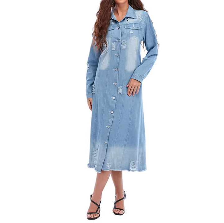 Damen Denim-Hemdjacke im lässigen Long-Style mit Distressed-Details Drune