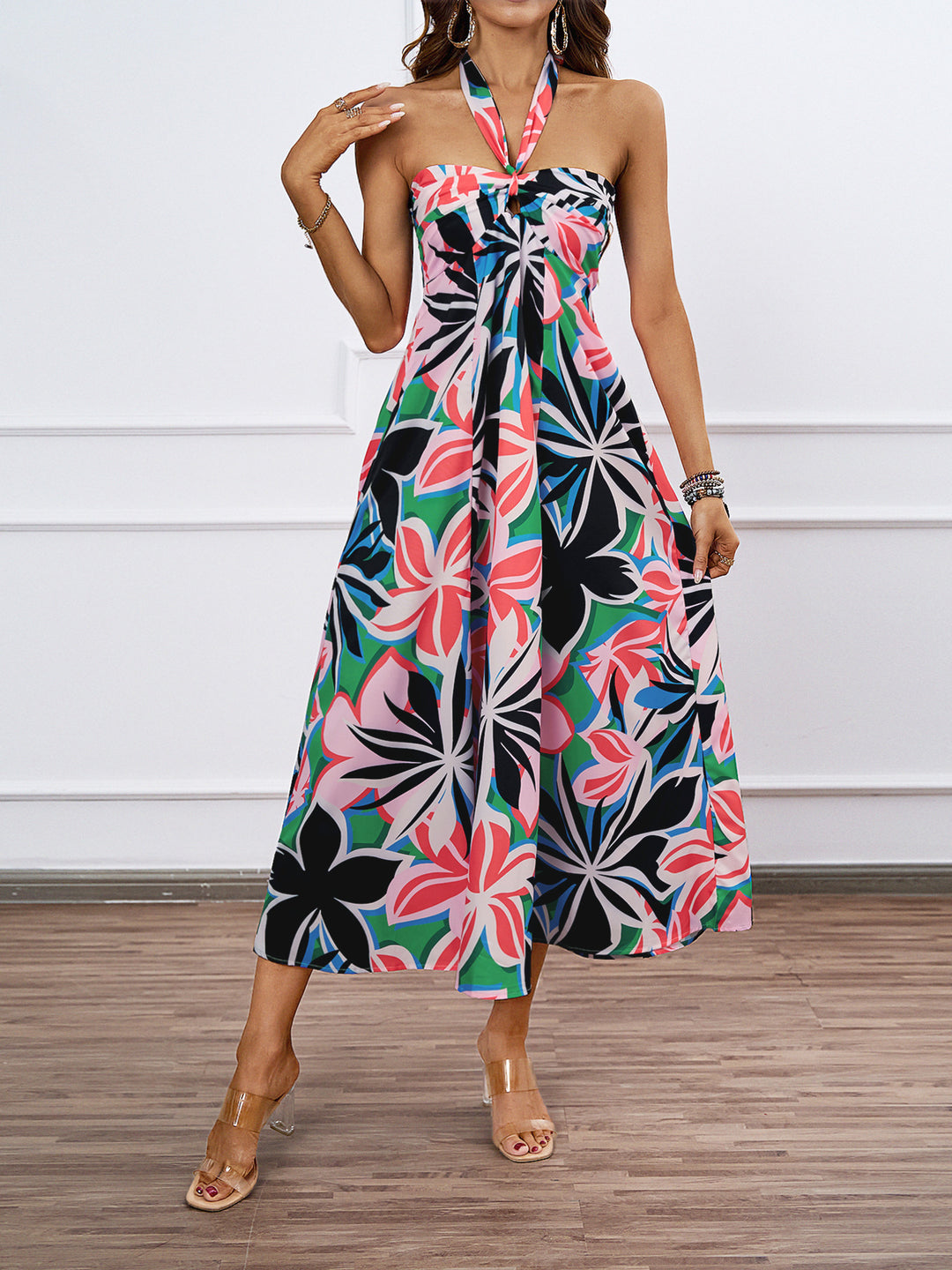 Damen Maxi-Bustierkleid mit floralen Akzenten und elastischem Oberteil Drune