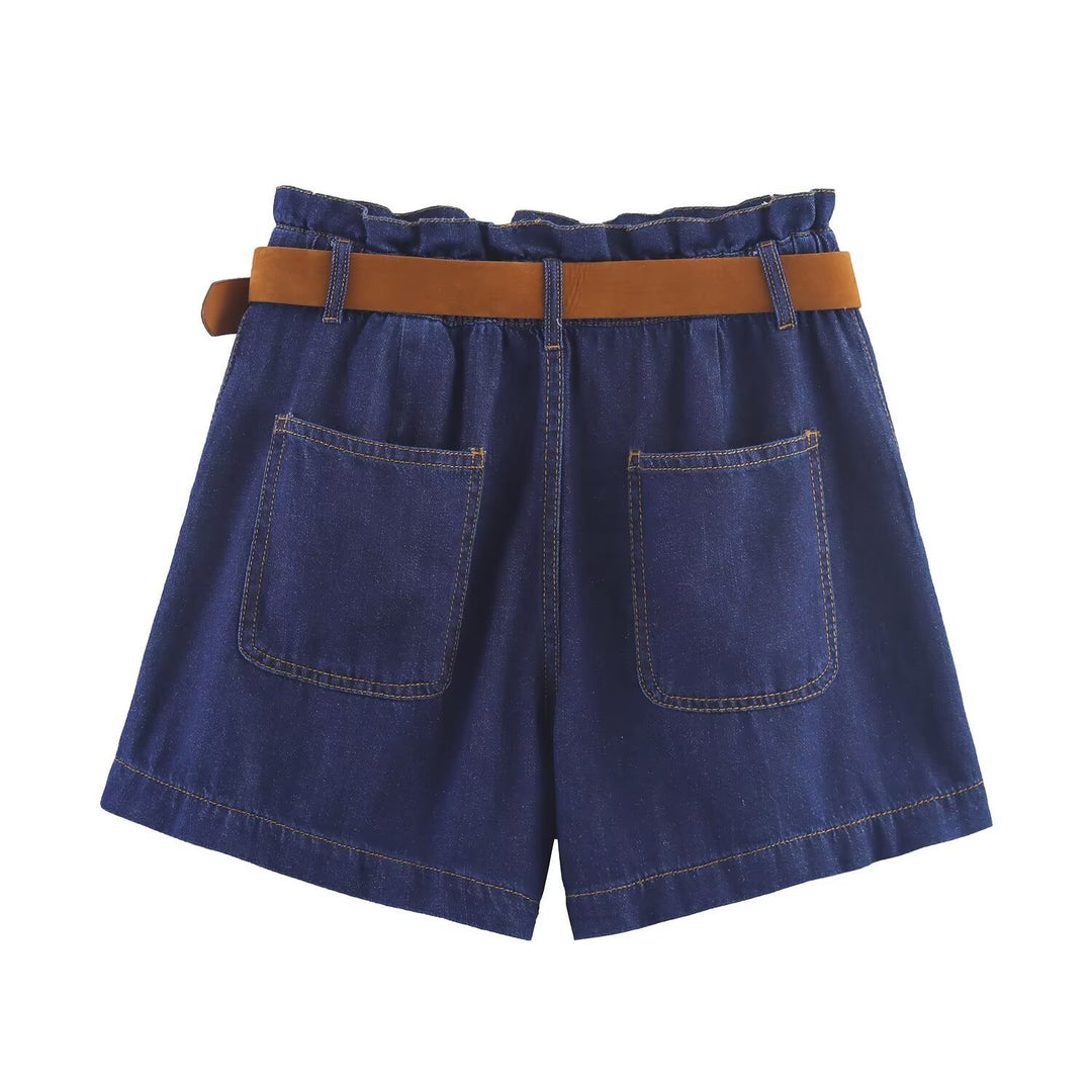 Damen Denim-Shorts mit hochwertigem Ledergürtel und elastischem Bund Drune