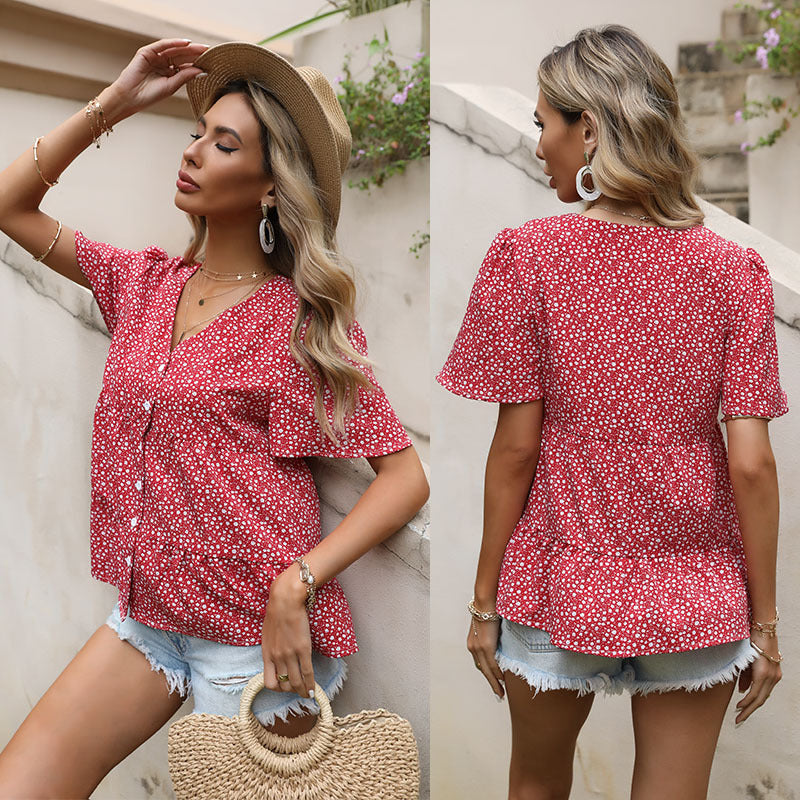 Damen Bluse mit Rüschendetails und floralem Muster Drune