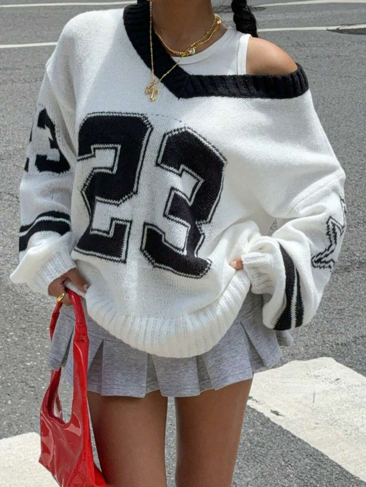 Damen Sportlicher V-Ausschnitt Pullover im lässigen College-Stil Drune