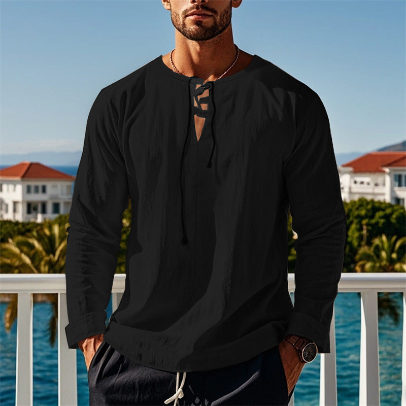 Herren modisches Langarmshirt mit Schnürung und V-Ausschnitt Drune