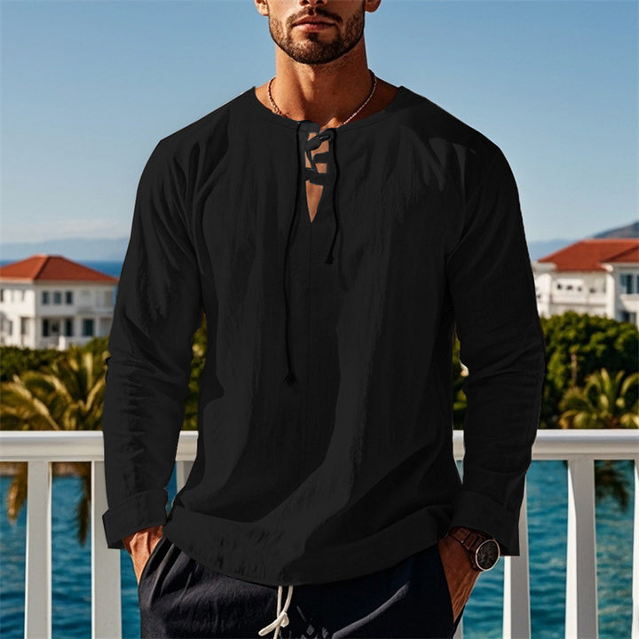 Herren modisches Langarmshirt mit Schnürung und V-Ausschnitt Drune