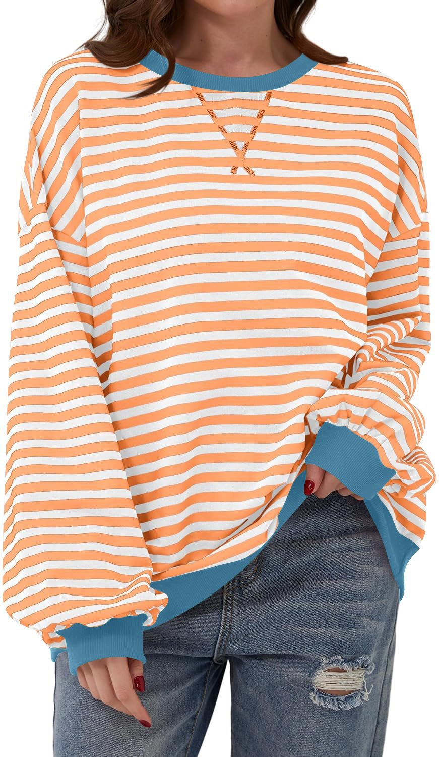 Damen lässiger Sweater mit auffälligem Streifenmuster und elastischen Bündchen Drune