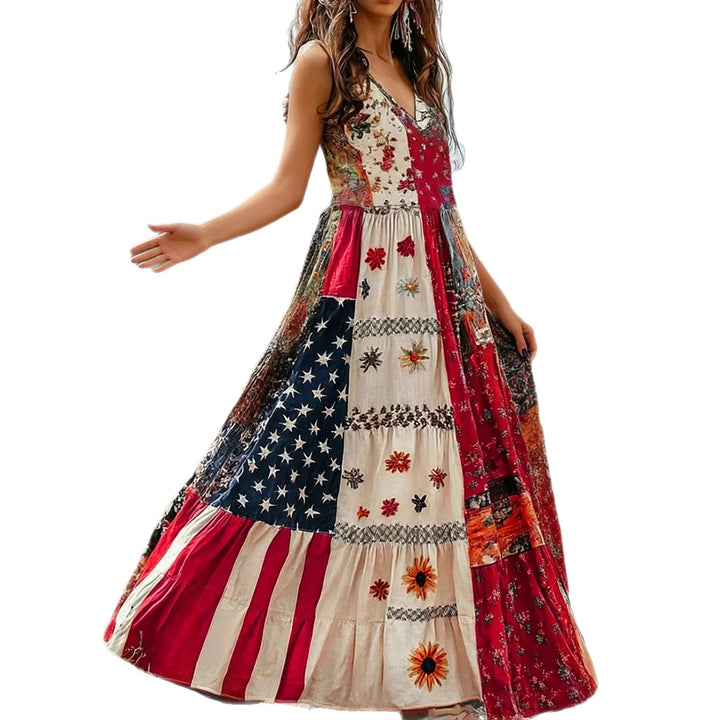 Damen Baumwoll Maxikleid mit Muster Mix und V-Ausschnitt Drune