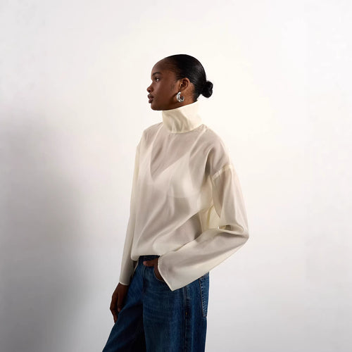 Damen Elegante Bluse aus transparentem Stoff mit stehendem Kragen Drune