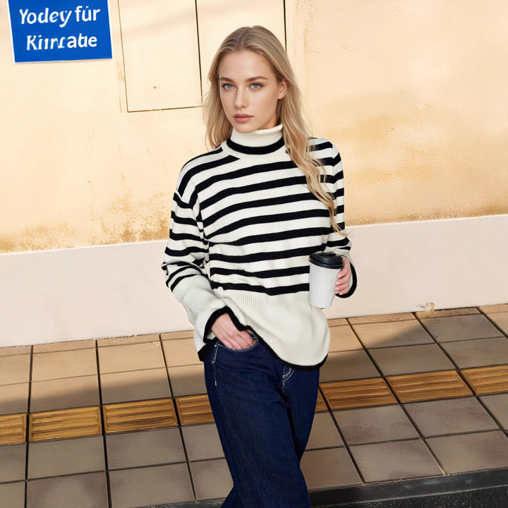 Damen Pullover mit hohem Kragen und modernem Streifenmuster Drune