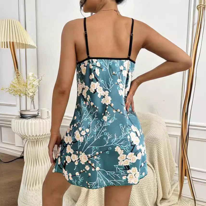 Damen Nachthemd mit floralem Design und verstellbaren Spaghettiträgern Drune