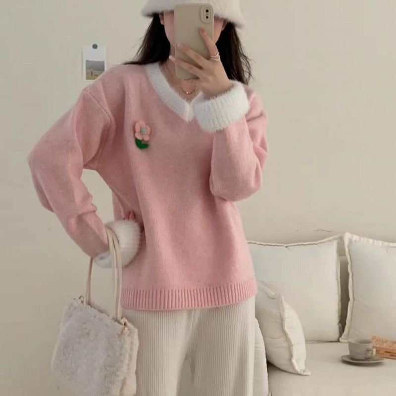 Damen Viscose Pullover mit V-Ausschnitt und Blumenstickerei Drune