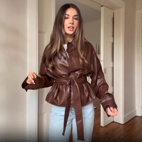 Damen Kunstlederjacke mit tailliertem Schnitt und modischem Gürtel Drune