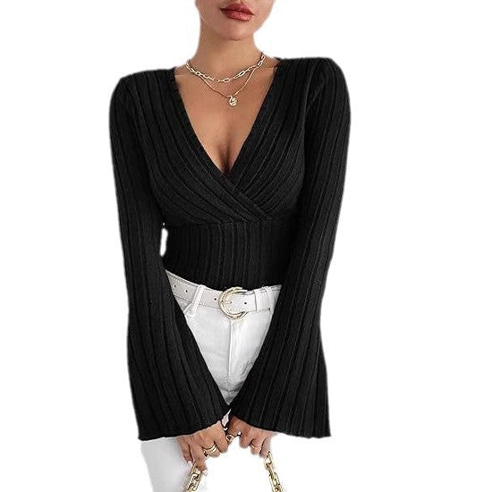 Damen Strickoberteil mit Wickeldesign und weitem Ärmel Drune