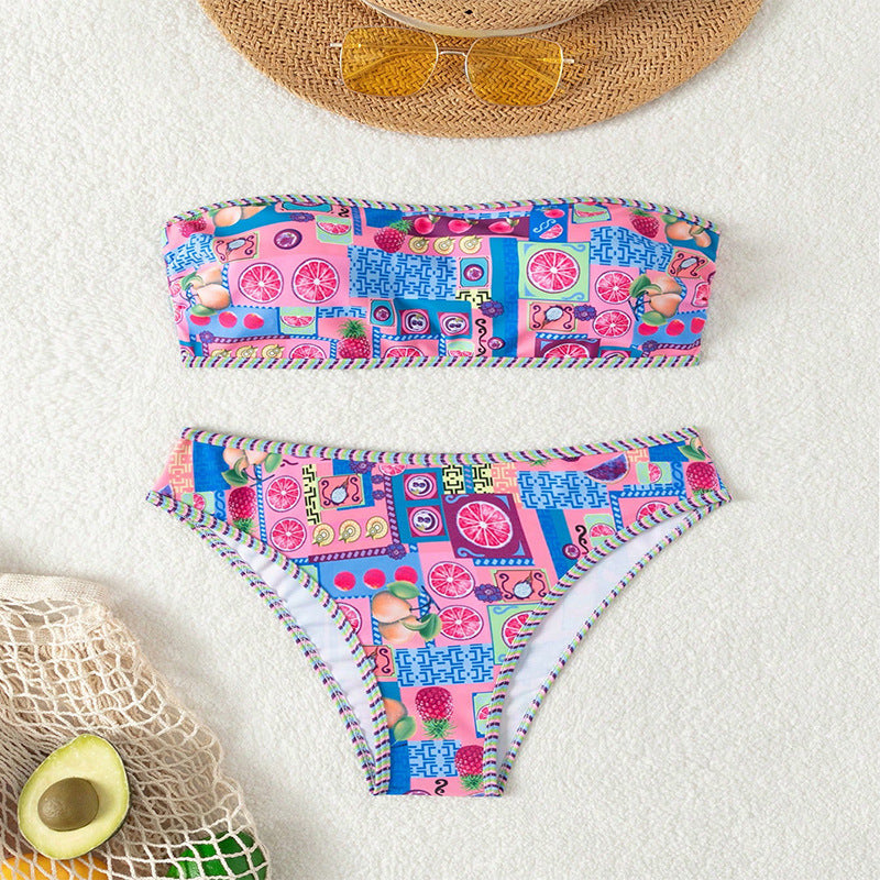 Damen Bandeau-Bikini mit fruchtigem Design und kontrastierenden Rändern Drune