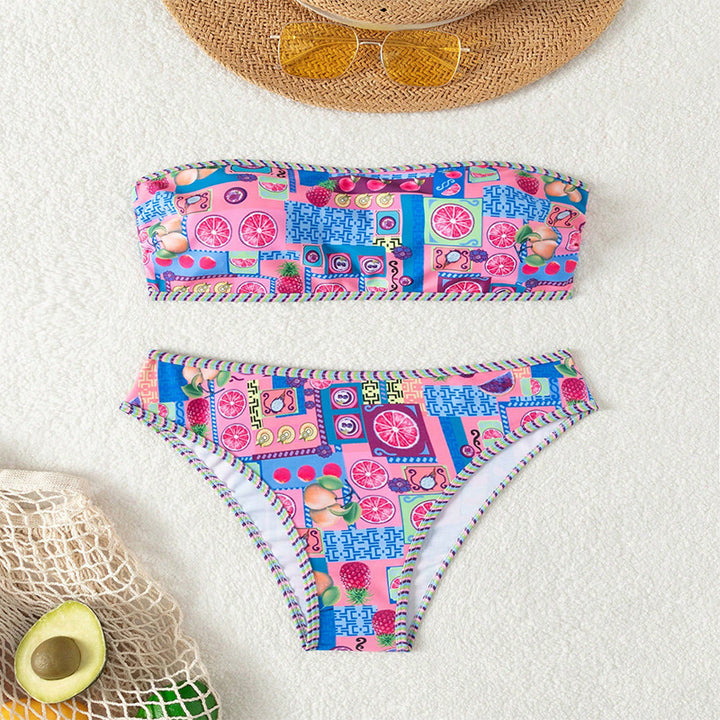 Damen Bandeau-Bikini mit fruchtigem Design und kontrastierenden Rändern Drune