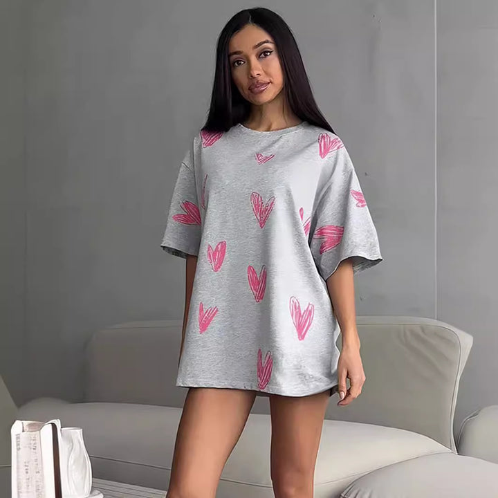 Damen Lässiges T-Shirt mit Herzmotiven und weit geschnittenem Schnitt Drune