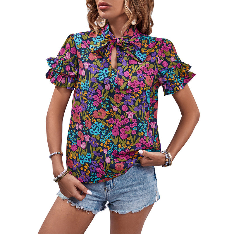 Damen Bluse mit Rüschendetails und floralem Design Drune
