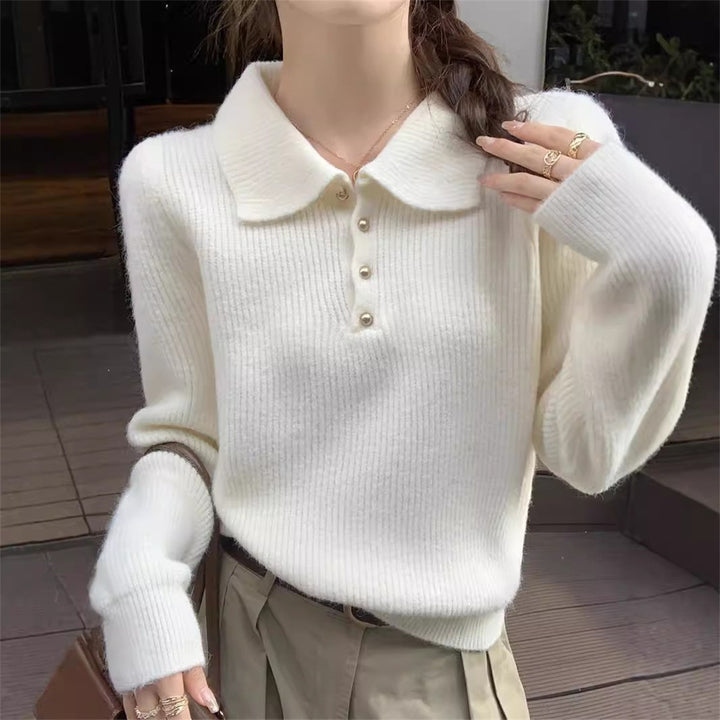 Damen Pullover mit strukturiertem Polo-Kragen und Knopfdetails Drune
