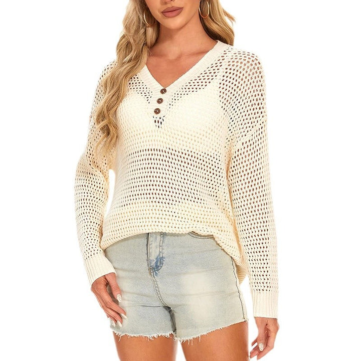 Damen luftiger Strickpullover mit dekorativen Knopfdetails Drune