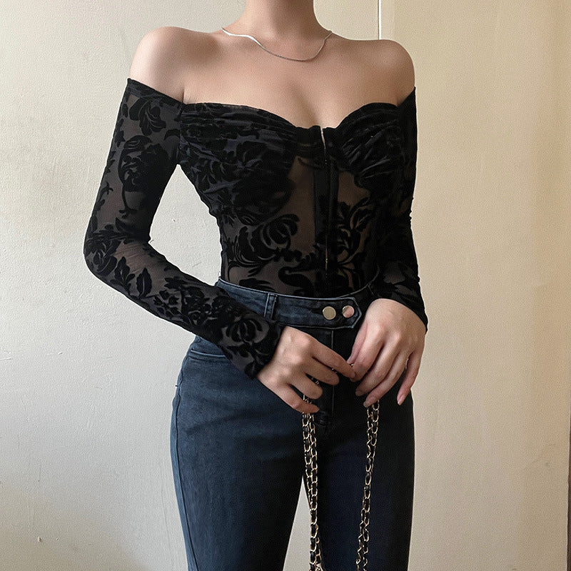 Damen Spitzenbustier mit schulterfreiem Design und langen Ärmeln Drune
