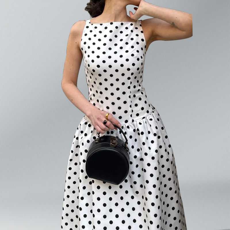 Damen Retro Maxikleid mit Polka-Dots und voluminösem Rock Drune