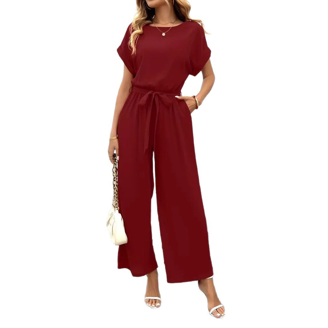 Damen Eleganter Jumpsuit mit weitem Bein und Taillenknoten Drune