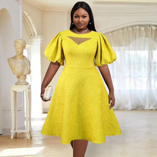 Damen Midi-Kleid mit voluminösen Puffärmeln und dekorativem Ausschnitt Drune