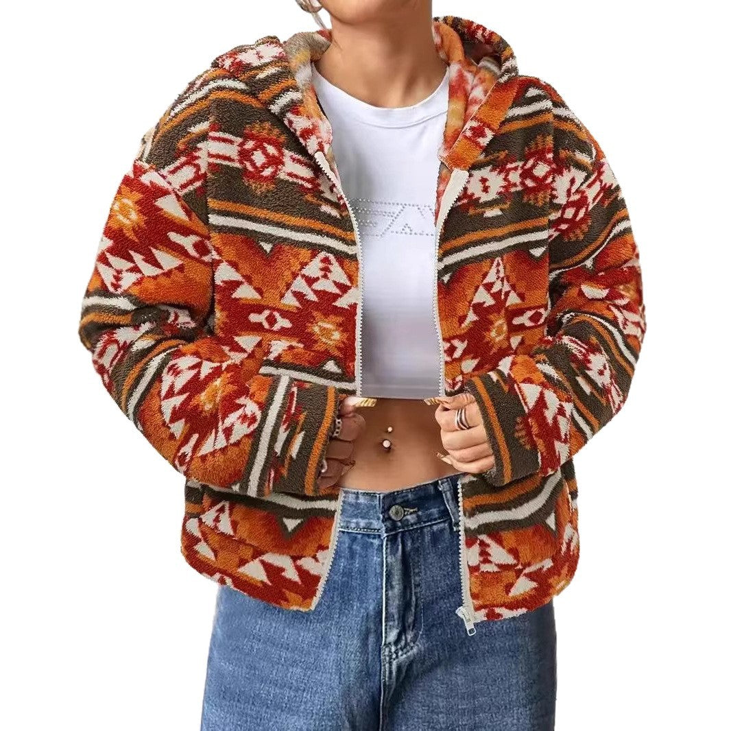 Damen Wendejacke mit ethnischem Muster und gemütlichem Teddyfell Drune