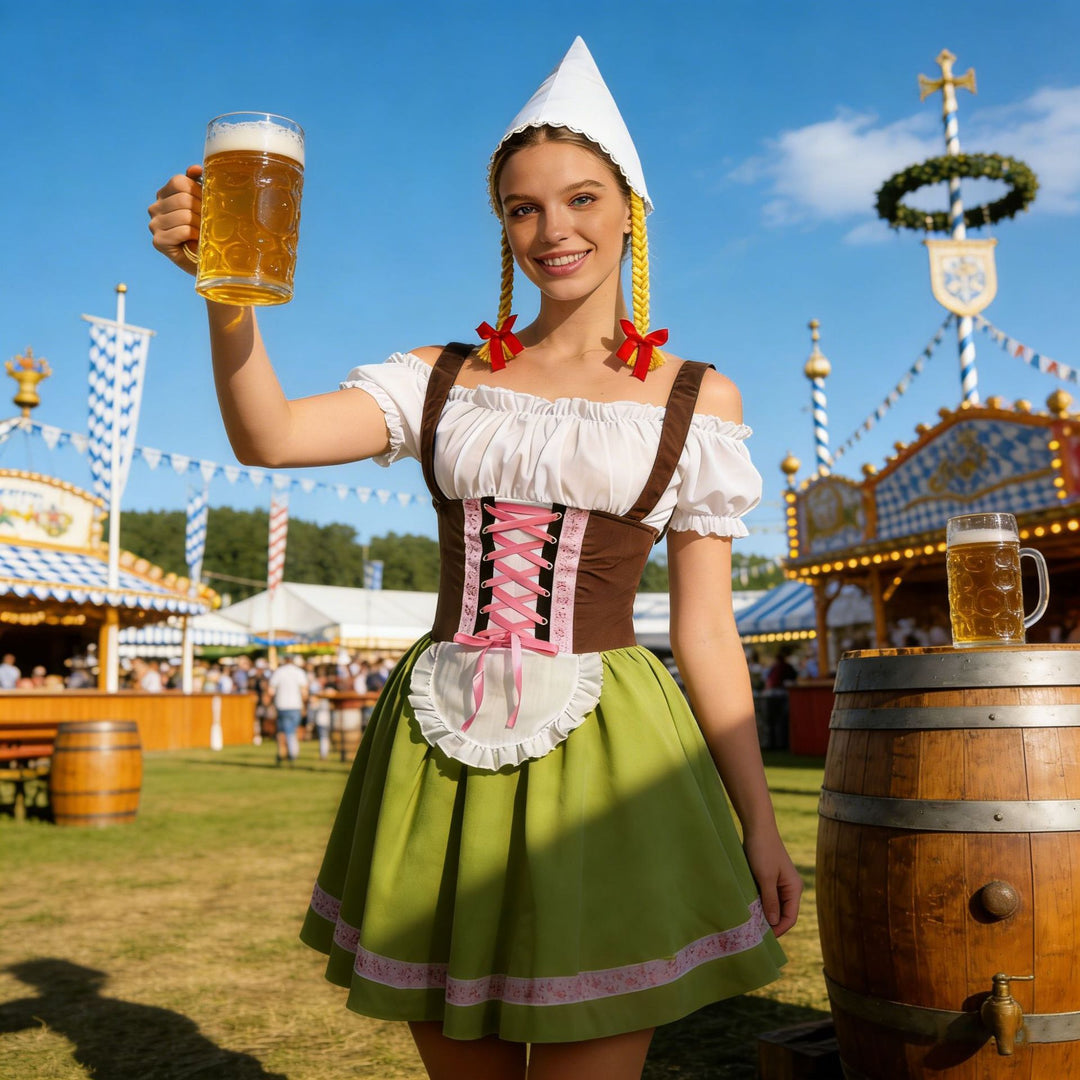 Damen nan traditionelles Dirndl-Kostüm mit Schnürung, Schürze und spitzem Kopftuch Drune