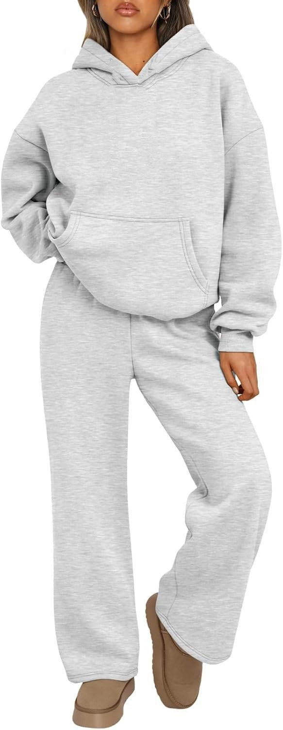 Damen nan Cozy-Loungewear-Set mit oversized Kapuzenpullover, Kängurutasche und weiten Palazzo-Jogginghose Drune