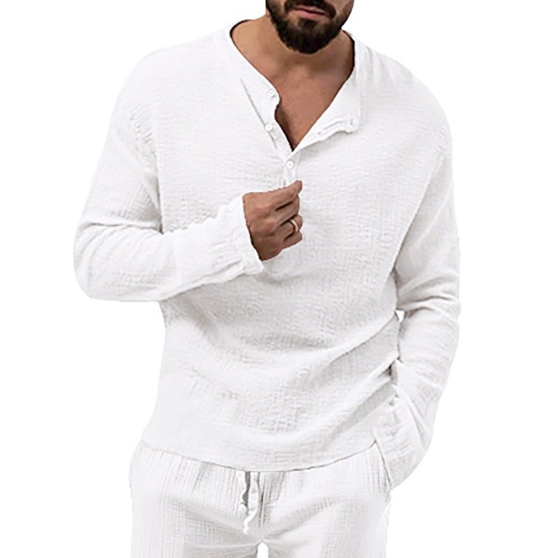Herren nan entspanntes Henley-Set aus leichter Baumwoll-Gauze mit Kordelbundhose Drune