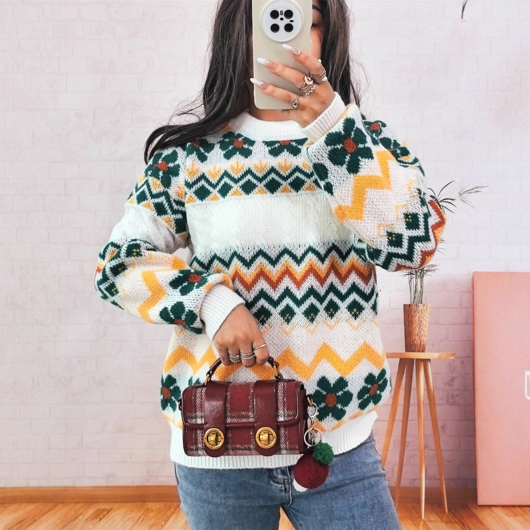 Damen Grobstrickpullover mit buntem Zickzackmuster und floralen Akzenten Drune