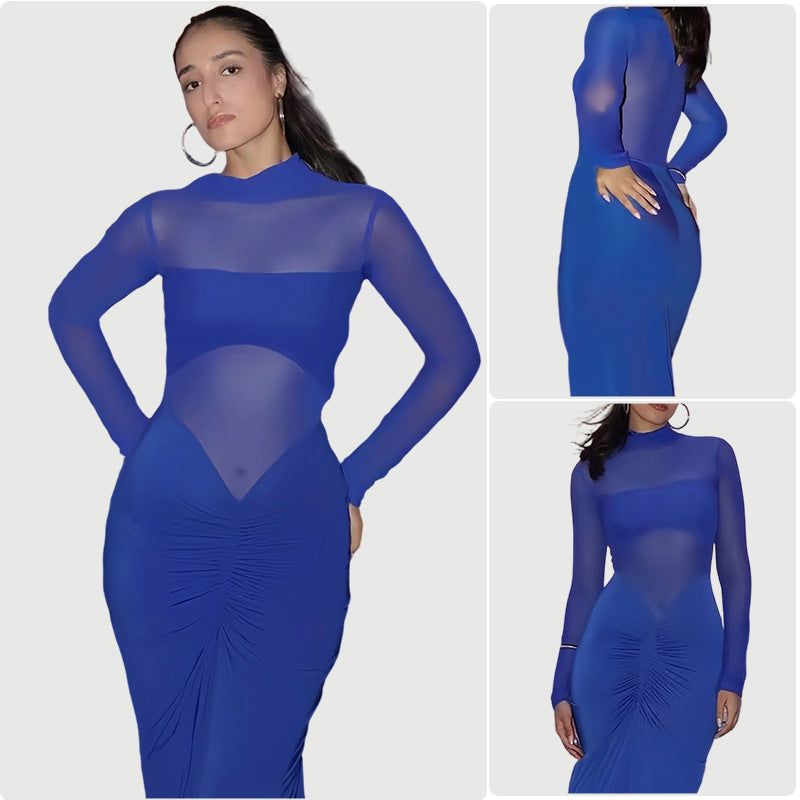 Damen Elegantes Maxikleid mit transparenten Ärmeln und raffinierter Drapierung Drune