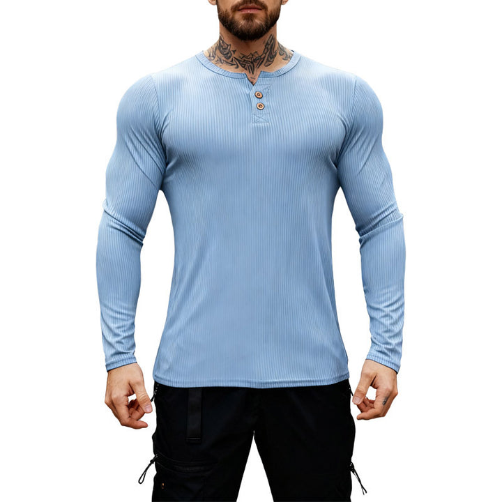Herren nan geripptes Langarm-Henleyshirt mit flacher Knopfleiste und körperbetonter Stretch-Passform Drune