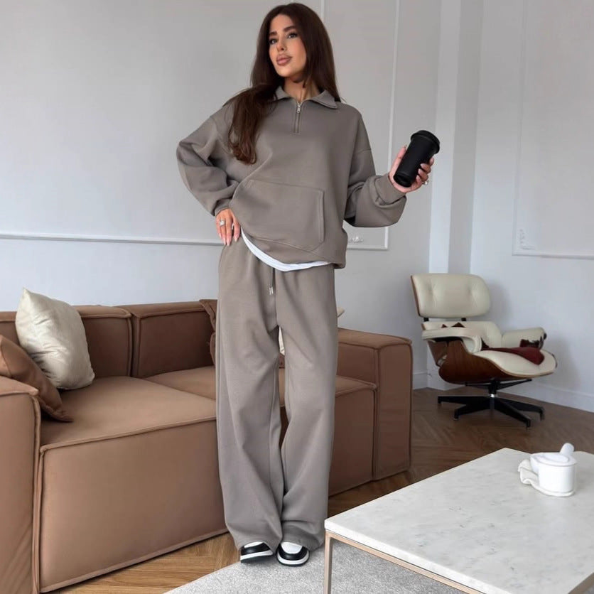 Damen bequemer und stylischer Fleece-Pullover mit halbem Reißverschluss und weiten Hosen Drune