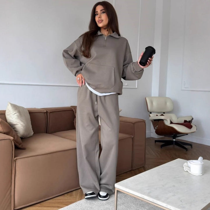 Damen nan weites Halfzip-Lounge-Set mit Kapuzenpullover, Kängurutasche und fließender Wide-Leg-Hose Drune