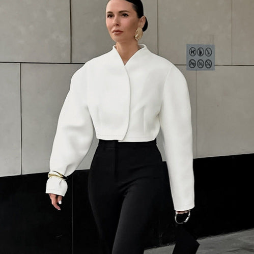 Damen Modische kurze Jacke mit voluminösen Ärmeln und hochgeschichtetem Kragen Drune