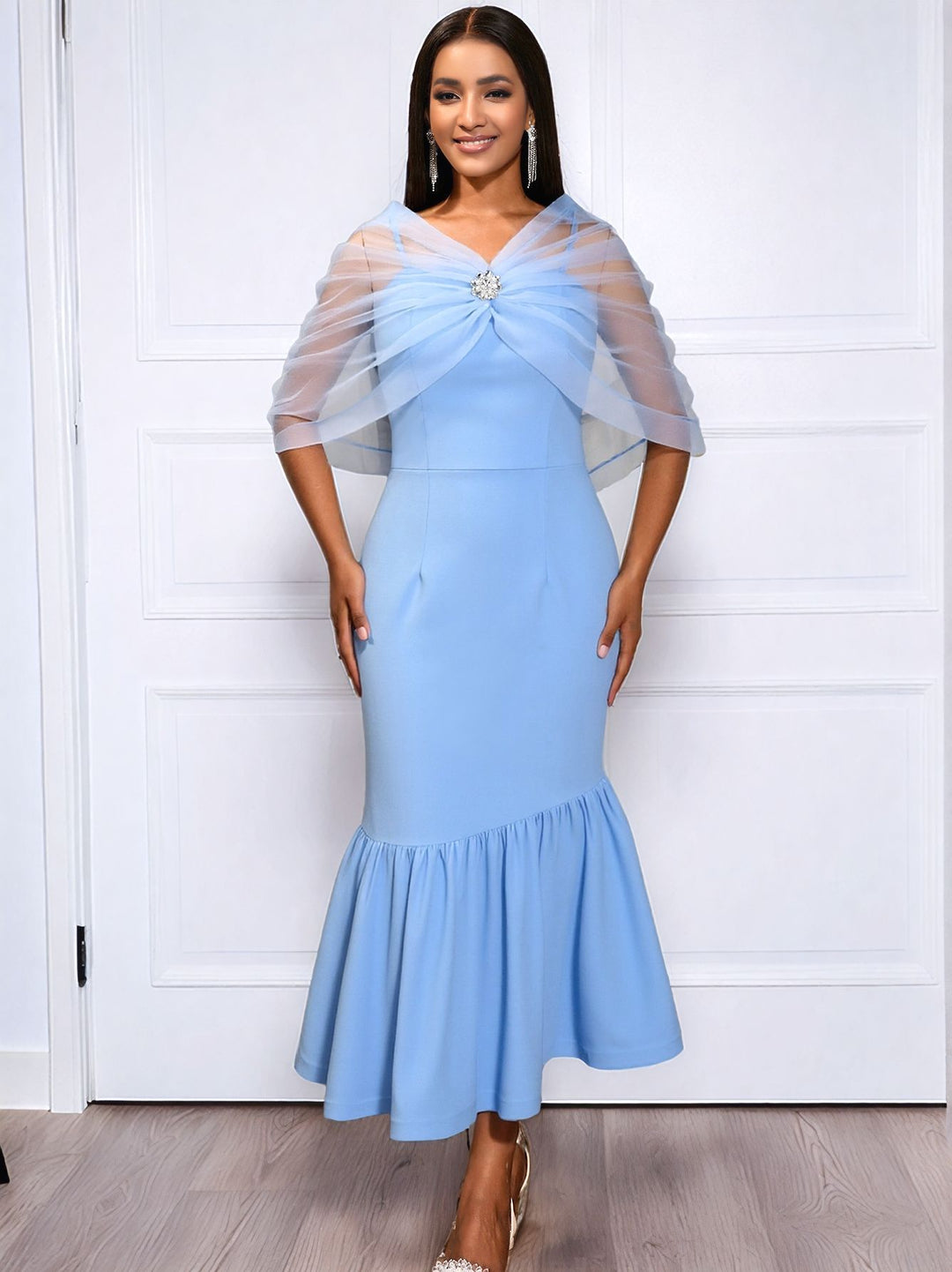 Damen elegantes Midikleid mit transparenter Überwurfjacke Drune
