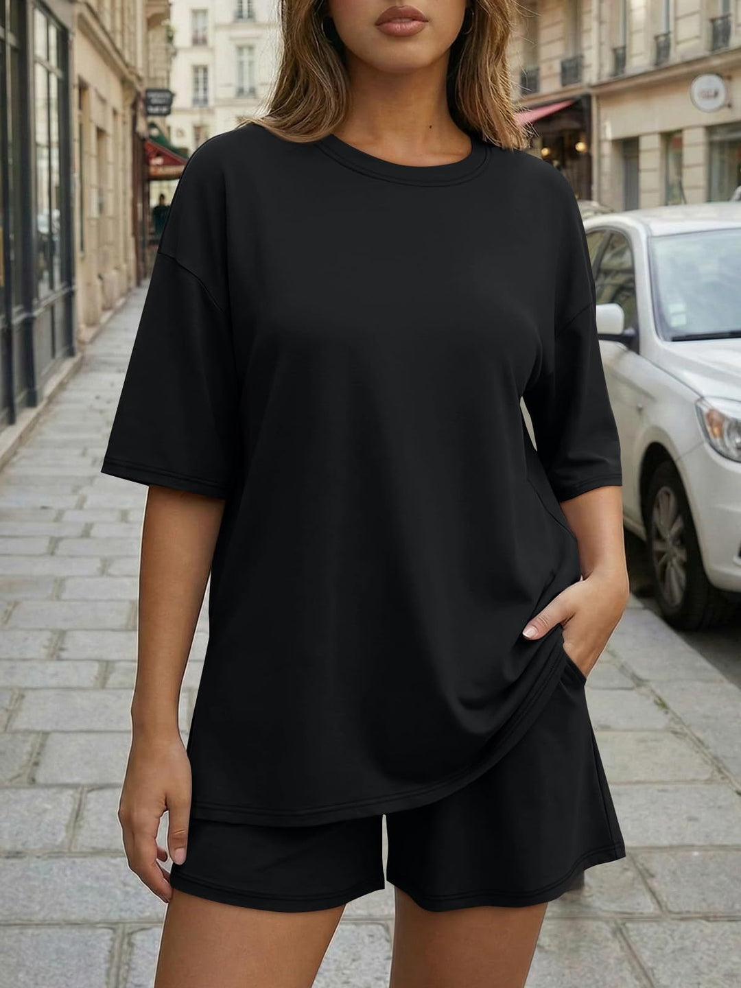 Damen Oversized Freizeit-Set mit kurzem Oberteil und lässiger Shorts Drune