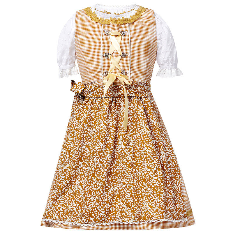 Damen nan traditionelles Trachtenkleid-Set mit geschnürtem Mieder, bestickter Puffbluse und abnehmbarer Schürze Drune