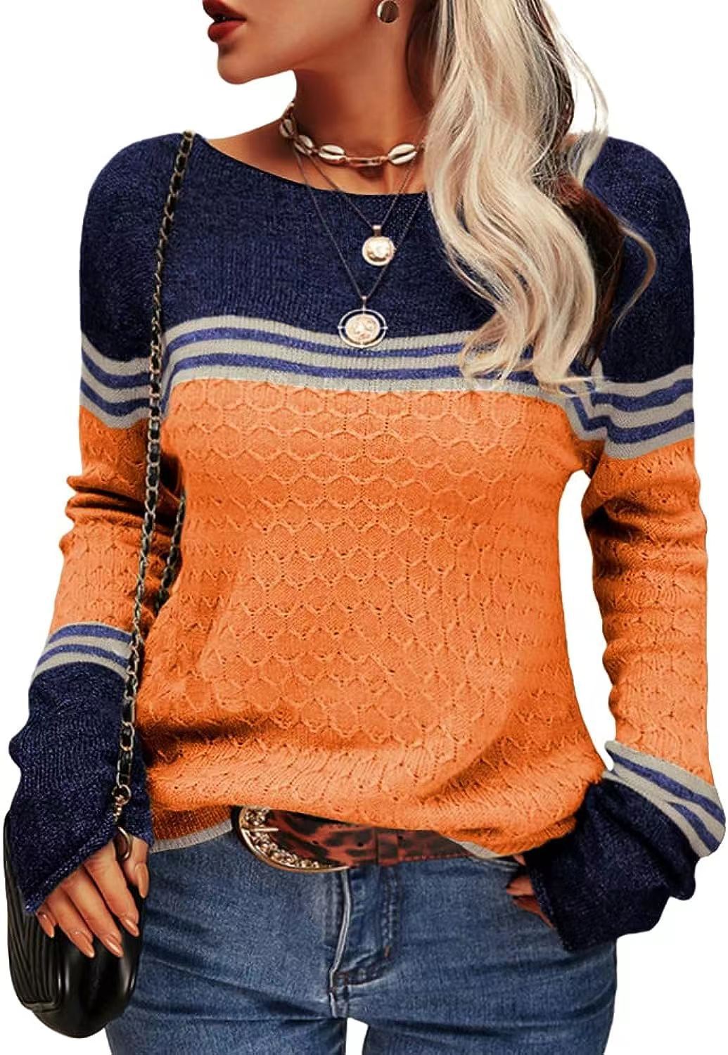 Damen lässiger Strickpullover mit kontrastierenden Farbblöcken und einzigartiger Textur Drune