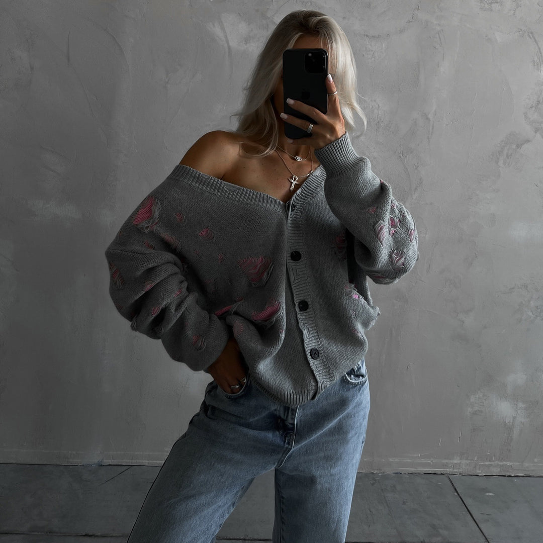 Damen Oversized Strickjacke mit floralem Design und lässigem Schnitt Drune