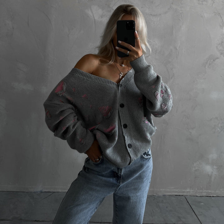 Damen Oversized Strickjacke mit floralem Design und lässigem Schnitt Drune