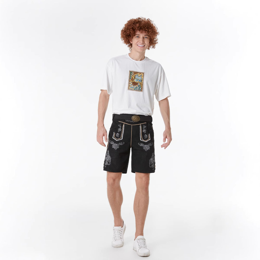 Herren nan kurze Trachtenlederhose mit filigranen Stickereien und Zierschnalle Drune