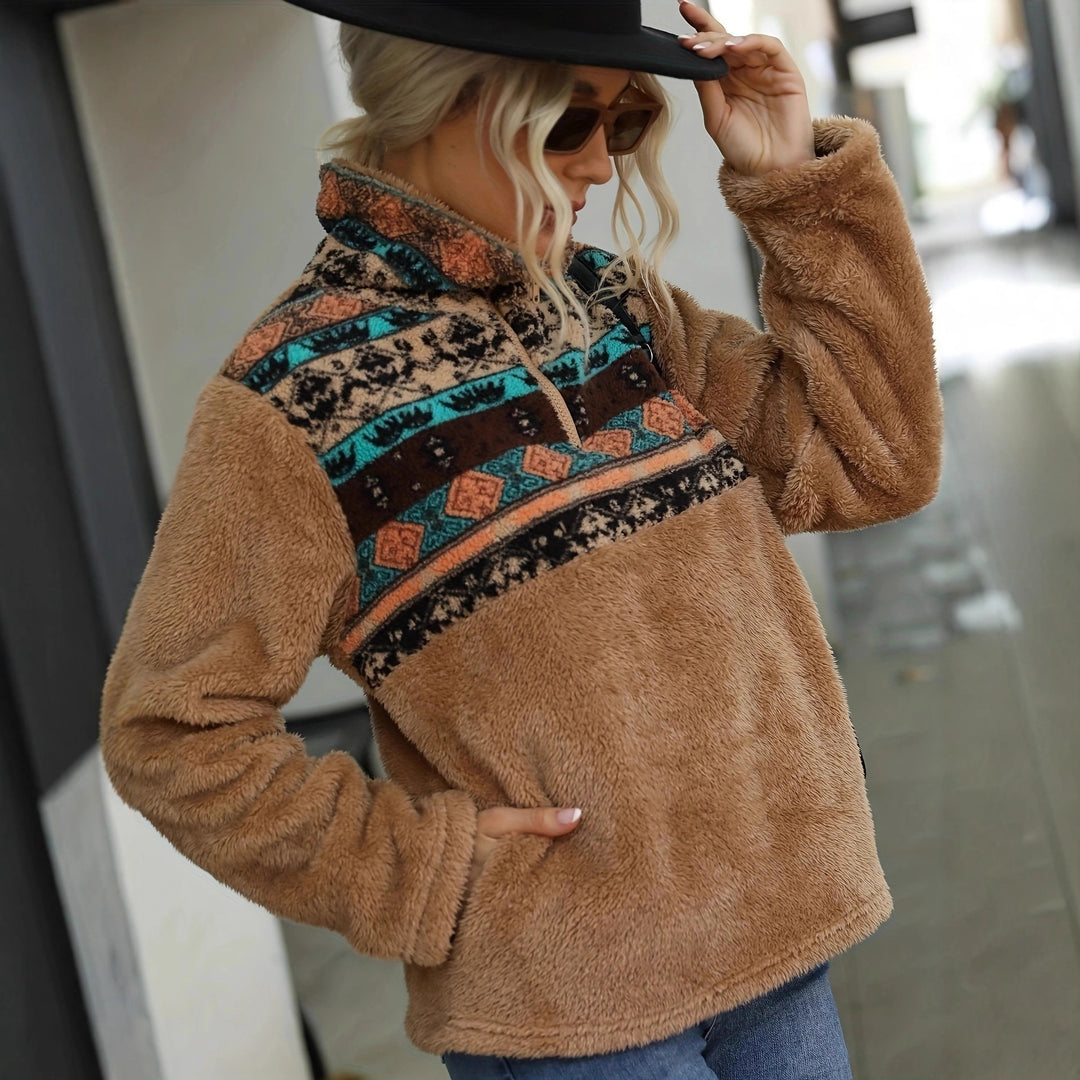 Damen kuschelige Fleece-Pullover mit modischem Reißverschluss und Farbdesign Drune