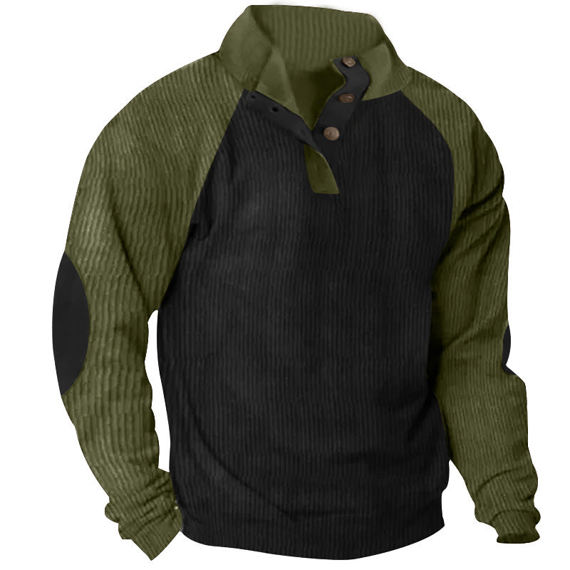 Herren nan strukturiertes Henley-Sweatshirt mit Stehkragen, Raglanärmeln und Ellbogenpatches Drune