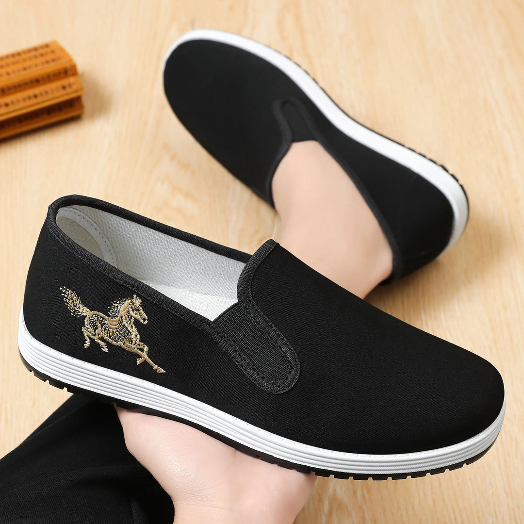 Damen nan leichter Slip-On Canvas-Sneaker mit elastischem Einstieg und bestickter Pferde-Applikation Drune