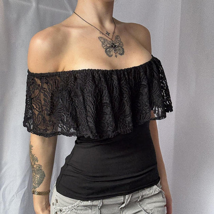 Damen Off-Shoulder Oberteil mit Rüschendetails und eleganten Spitzenakzenten Drune