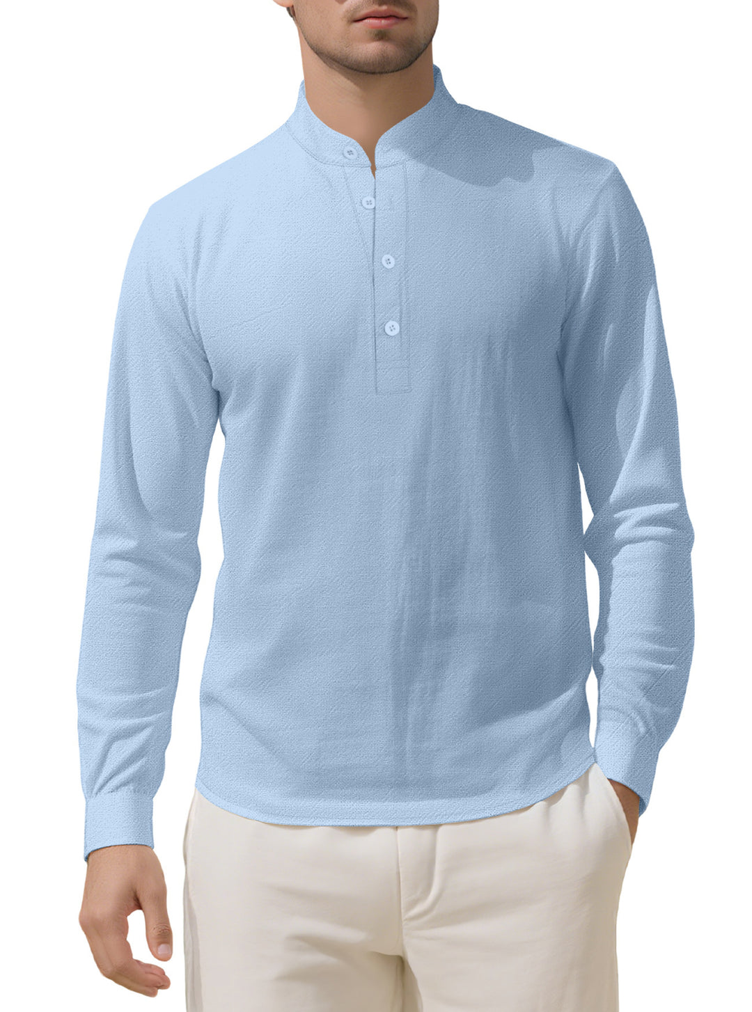 Herren Elegantes Langarmhemd mit Stehkragen und Knopfleiste Drune